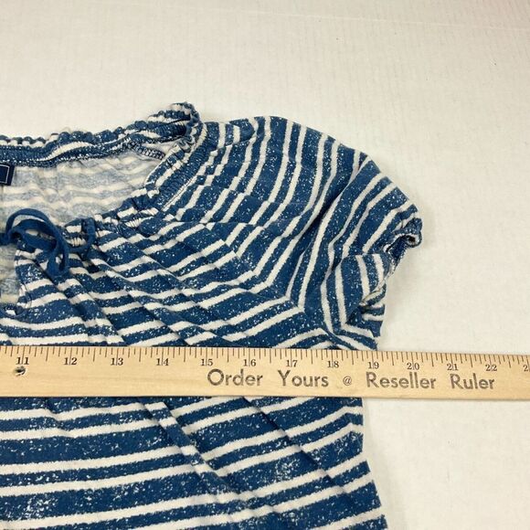 Chaps Womens Cotton Peasant Top Blue Ivory Stripe Short Sleeve Neck Tie Shirt XL - Picture 8 of 10